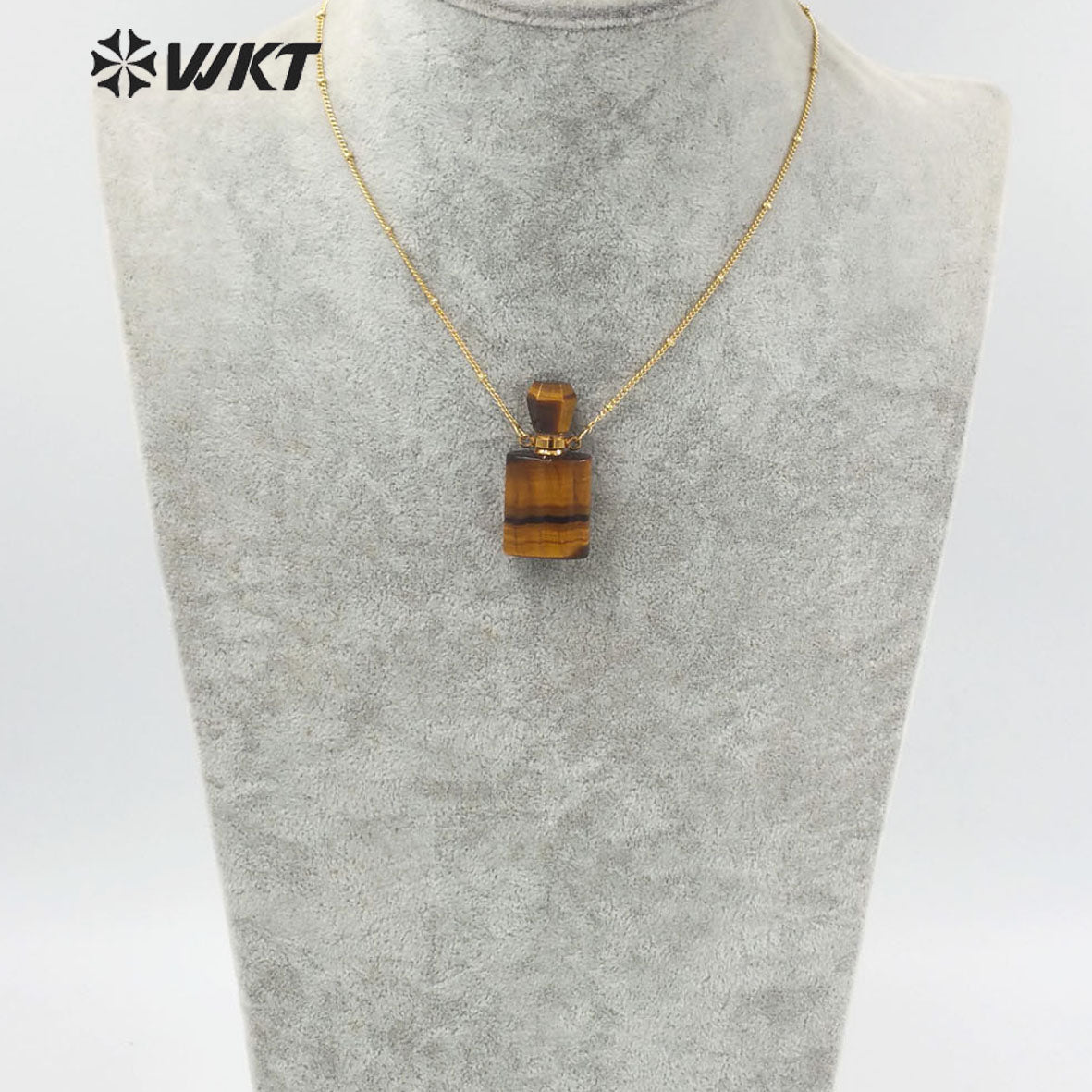 WT-N1285 Wholesale Gold Plated Natural Stone Rose Quartz square Essencial Oil Bottle Necklace Double Loop Perfume Necklace
