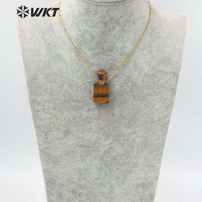 WT-N1285 Wholesale Gold Plated Natural Stone Rose Quartz square Essencial Oil Bottle Necklace Double Loop Perfume Necklace