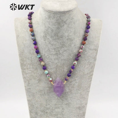 WT-N1374 Charming Natural Amethyst Pendant Bohemia Bead Chain Colorful Jasper Bead Necklace Women Gifts Natural Crystal Necklace