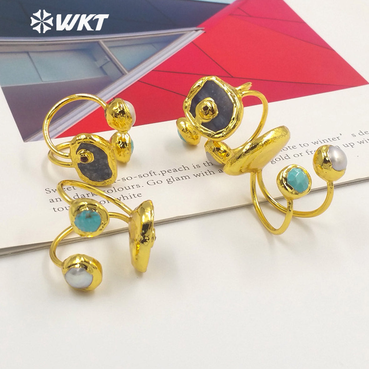 WT-R474 New Design Natural Turquoise & Pearl& Kyanite 18K Gold Plated Peacock Stone Ring Boho Charming Ring