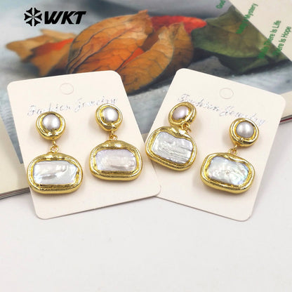 WT-MPE139 Elegant 18K Gold Plated Pearl Round Rectangular Combination Long Earrings for Women As Wedding and Anniversary Gifts