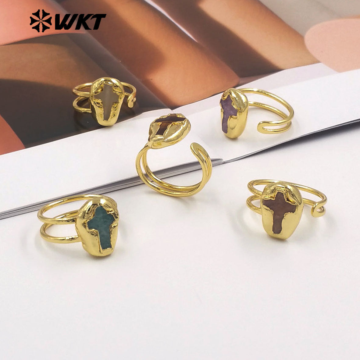 WT-R600 Popular Wonderful 18K Gold Plated Natural Gemstones Cross Shape Adjustable Rings For Lady Daily Wearing Jewelry