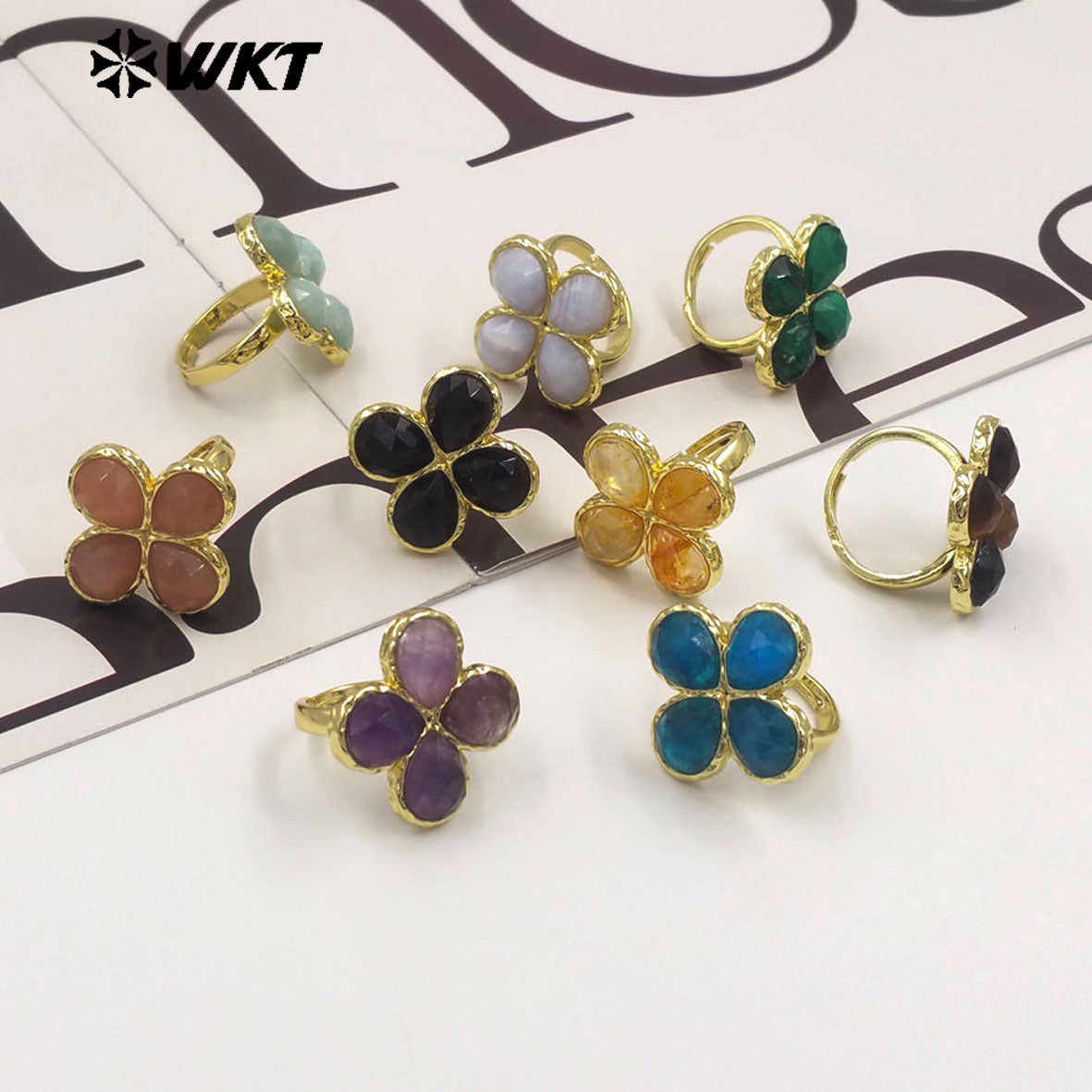 WT-R601 Beautiful 18K Gold Electroplated Natural Gemstones Flower Shape Rings Adjustable For Women Fashion Style Jewelry