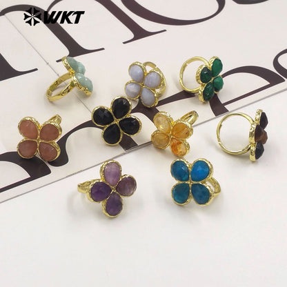 WT-R601 Beautiful 18K Gold Electroplated Natural Gemstones Flower Shape Rings Adjustable For Women Fashion Style Jewelry