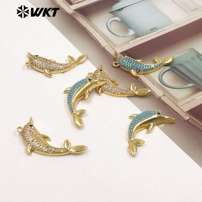 WT-MP328 Beautiful Lovely Gold Plated Yellow Brass And Zircon Dolphin Shape Little Pendant As Women Earrings Bracelets Findings