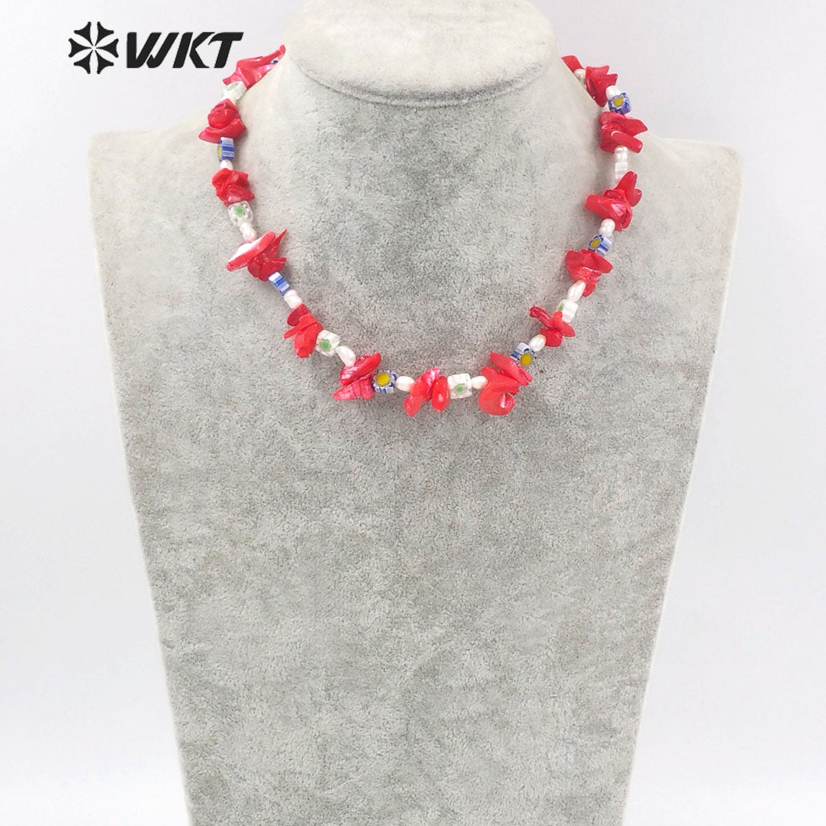 WT-JN186 Natural Red Shell Nugest Beads Necklace Unique Boho Vintage Irregular Enamel Pearl Beads Chocker Necklace