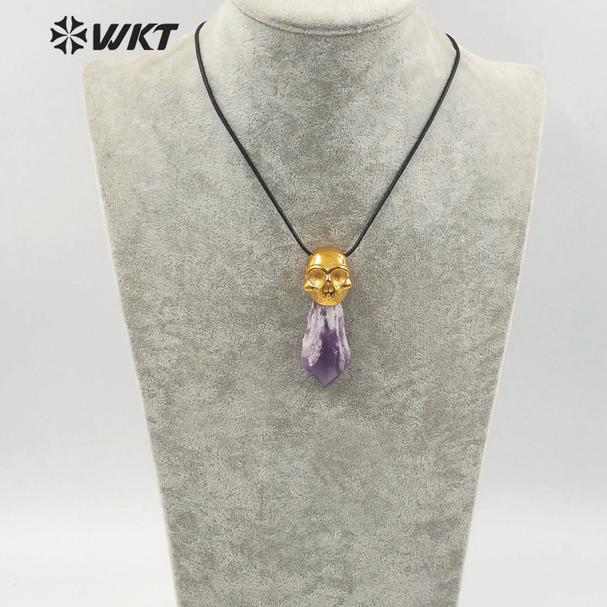 WT-N1213 Special Design Natural Amethyst Skull Pendant Necklace New Charm Jewelry Amethyst Necklace