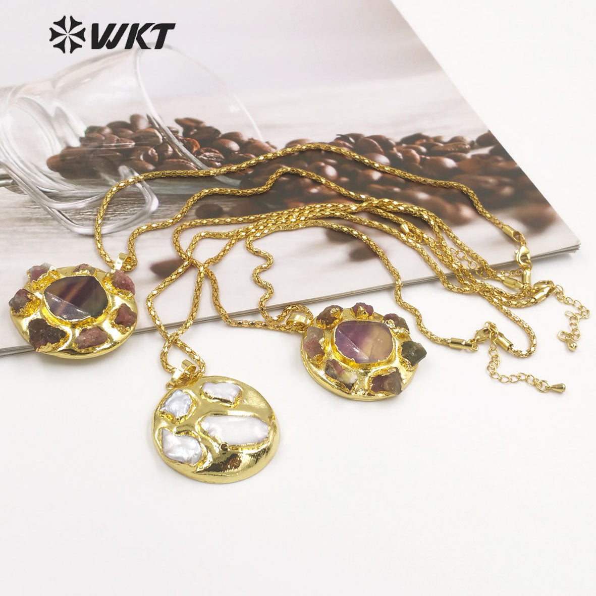 WT-N1448 WKT Exclusive Design Fashion 18K Real Gold Plated Tourmaline&Fluorite Natural Stone Pendant Necklace