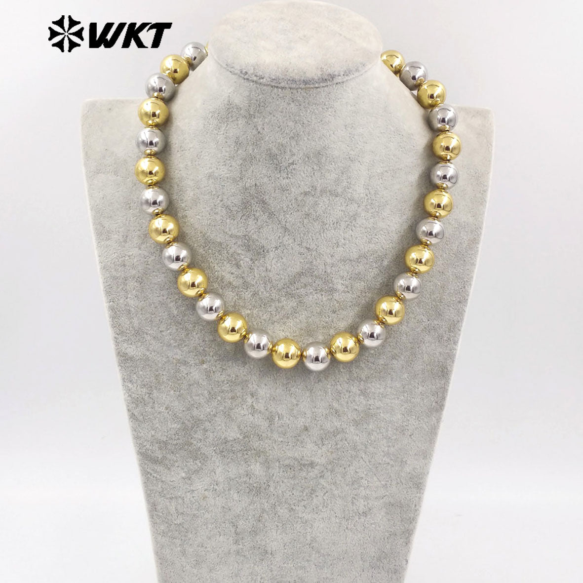 WT-JFN11 Wholesale New Popular Design Double Color Mixsure Unique Women Big Metal Ball Beads Hand Strand Necklace With Extend