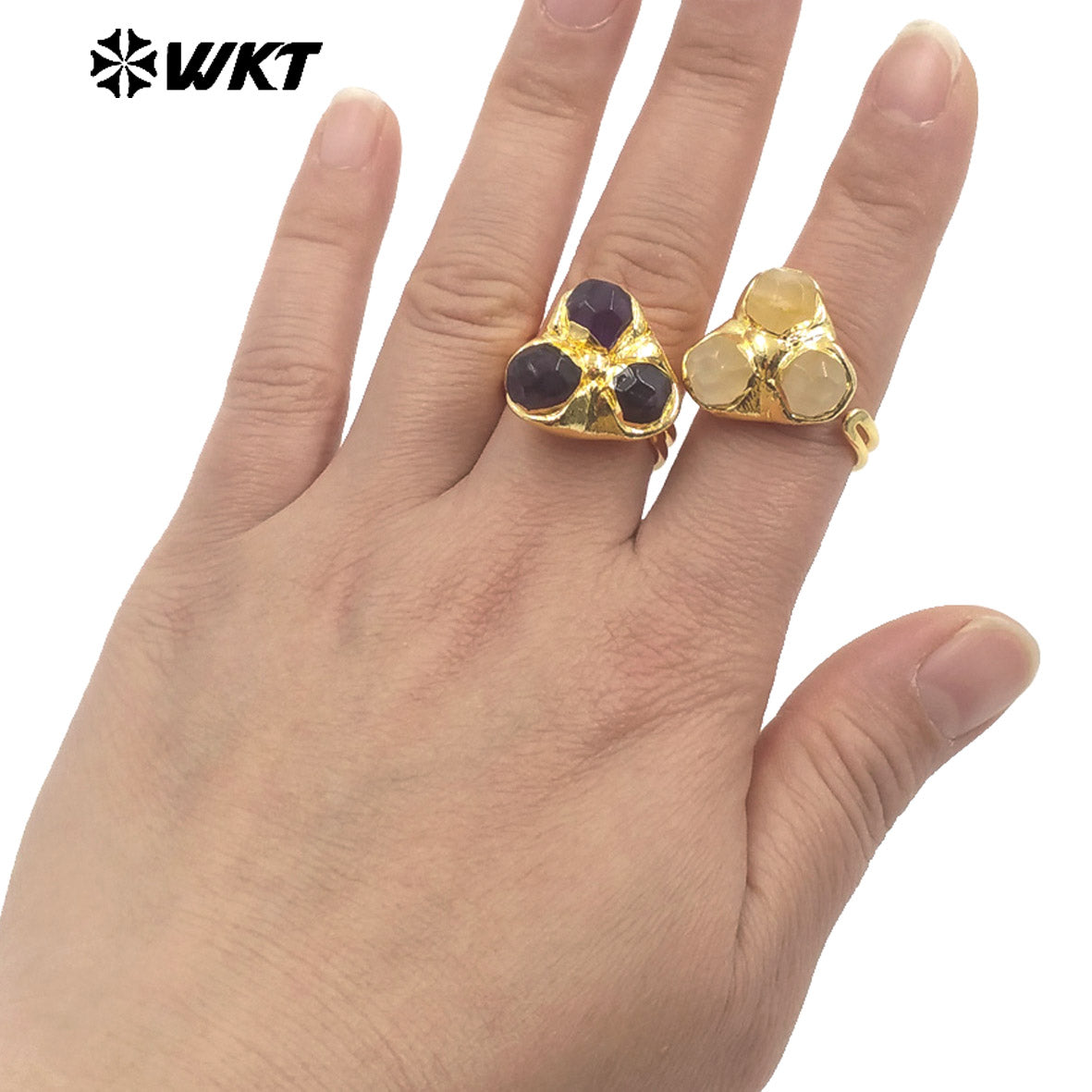 WT-R570 Popular Fashion Women Triple Gemstones Ring Assemble Triangle Shape Gold Plated Adjustable Size Lovely Jewelry Gift
