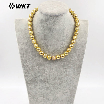 WT-JFN19 Wholesale New Handmade 12MM Big Round Brass Beads Fashion Lady Simple Cool 18k Real Gold Plated Metal Necklace