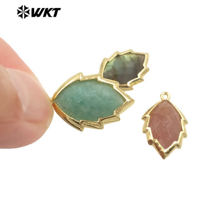 WT-P1990 Simple and Small Natural Multi-Type Gemstone 18K Gold Plated Delicate Leaf Shape Pendant Unisexes Jewelry DIY Necklace