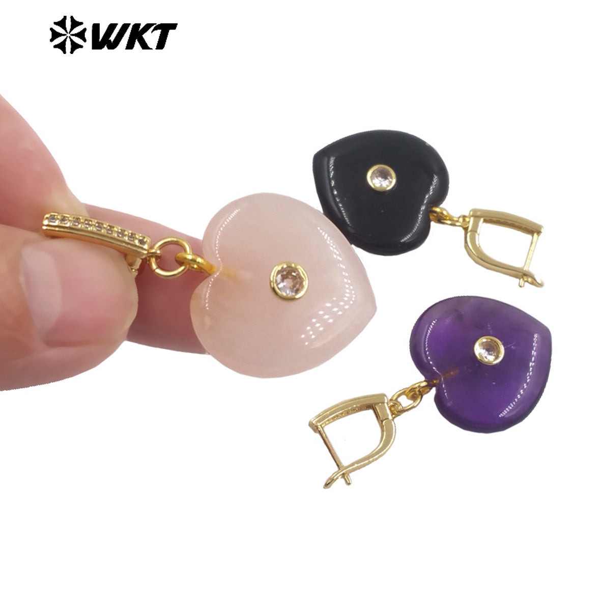 WT-E810 Romantic Style Gold Plated Zircon And Various Natural Gemstones Heart Shape Women Earrings For Cute Jewelry Decoration