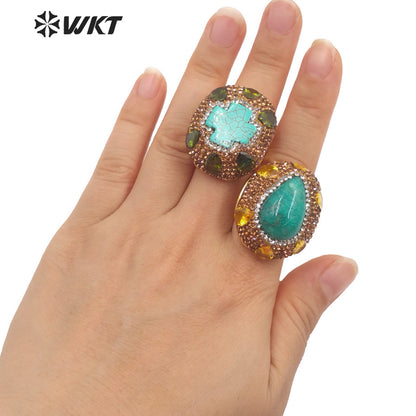 WT-R498 New Popular Vintage Style Rhinestone and Amazonite Turquoise Stone Setting Handmade Adjustable Sizee Gold Plated Ring