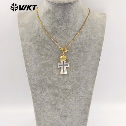 WT-JN353 Creative Gold Plated Chain With Star Clasp And Natural Shell Cross Hollow Pendant Necklace For Ladies Vintages Gift