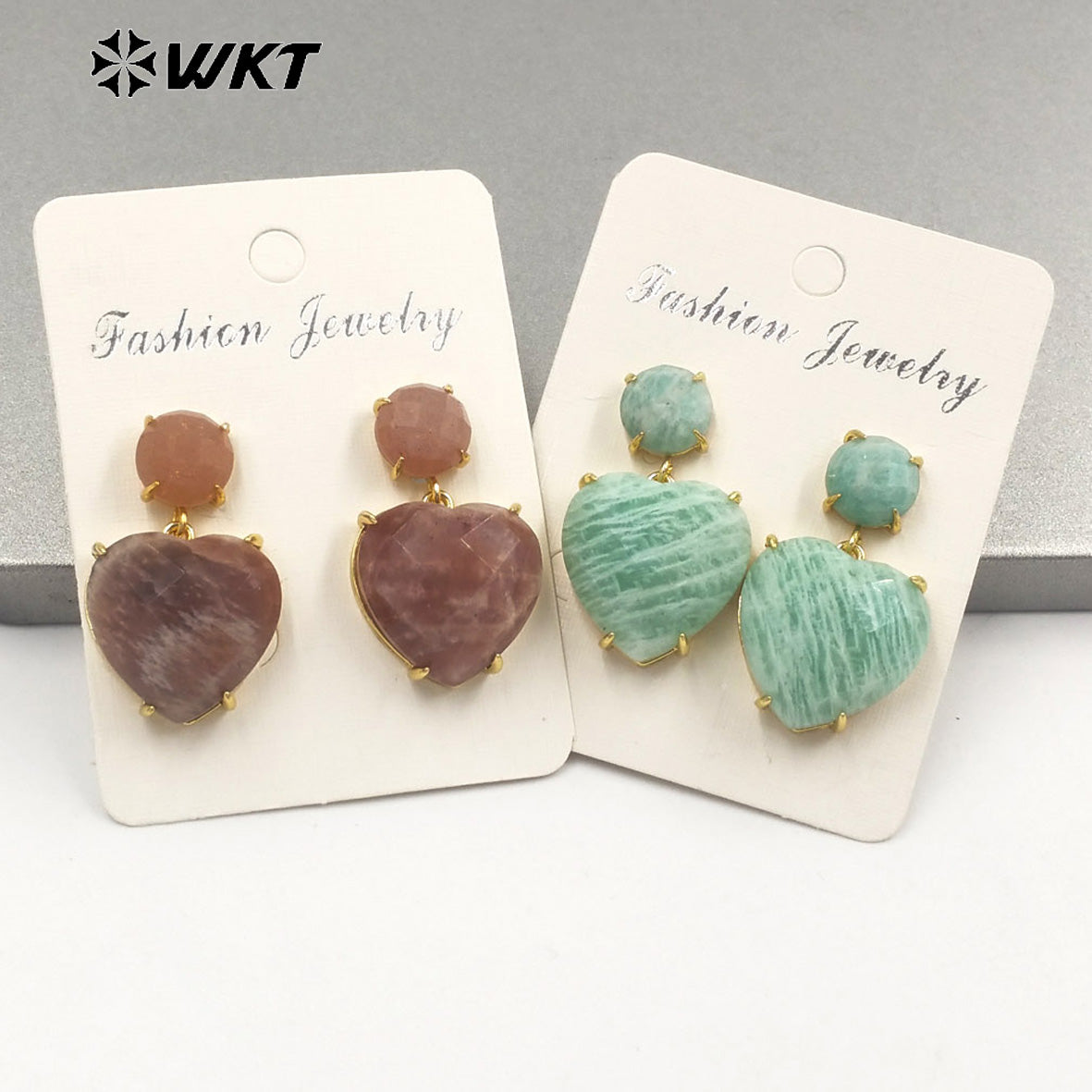 WT-E719 First Choice Hot Natural Gemstone Carved Heart Earrings for Lovers 18k Gold Plated Lapis Amethyst Stone Anniversary Stud