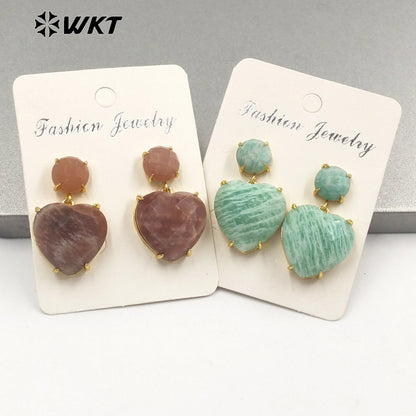 WT-E719 First Choice Hot Natural Gemstone Carved Heart Earrings for Lovers 18k Gold Plated Lapis Amethyst Stone Anniversary Stud