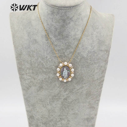 WT-JN166 WKT 2022 Fashion and Noble \White Shell and Pearl Virgin Mary Jesus Necklace for Big Party Women Retro Necklace