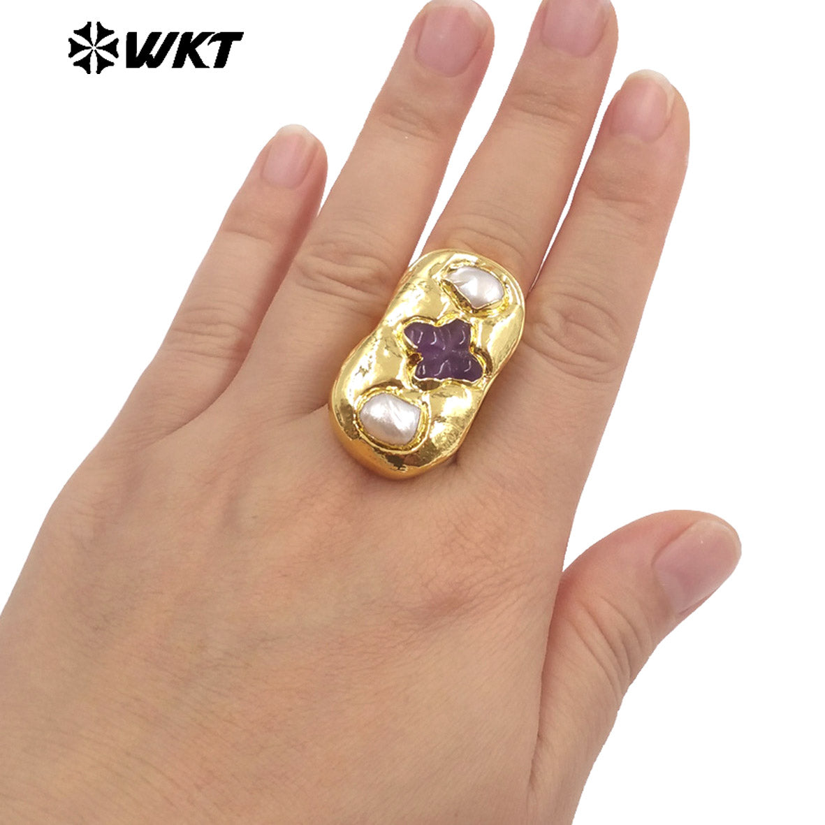 WT-MPR154 Exclusive Design Gold Plated Amethyst Natural Gemstone And Freshwater Pearls Cross Rectangle Rings For Party Jewelry