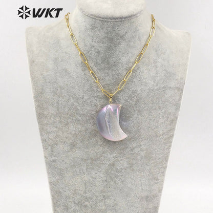 WT-N1393 Wholesale Fashion Gold Aura Druzy Agate Stone Necklace Grey Geode Agate Moon Necklace with Link Chain Healing Necklace