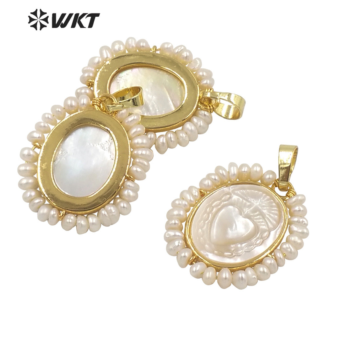 WT-JP254 Hot Handmade Carved White Shell Sacred Heart Pendant Women Wire Wrapped With Pearl Charm in Mary Heart Shell