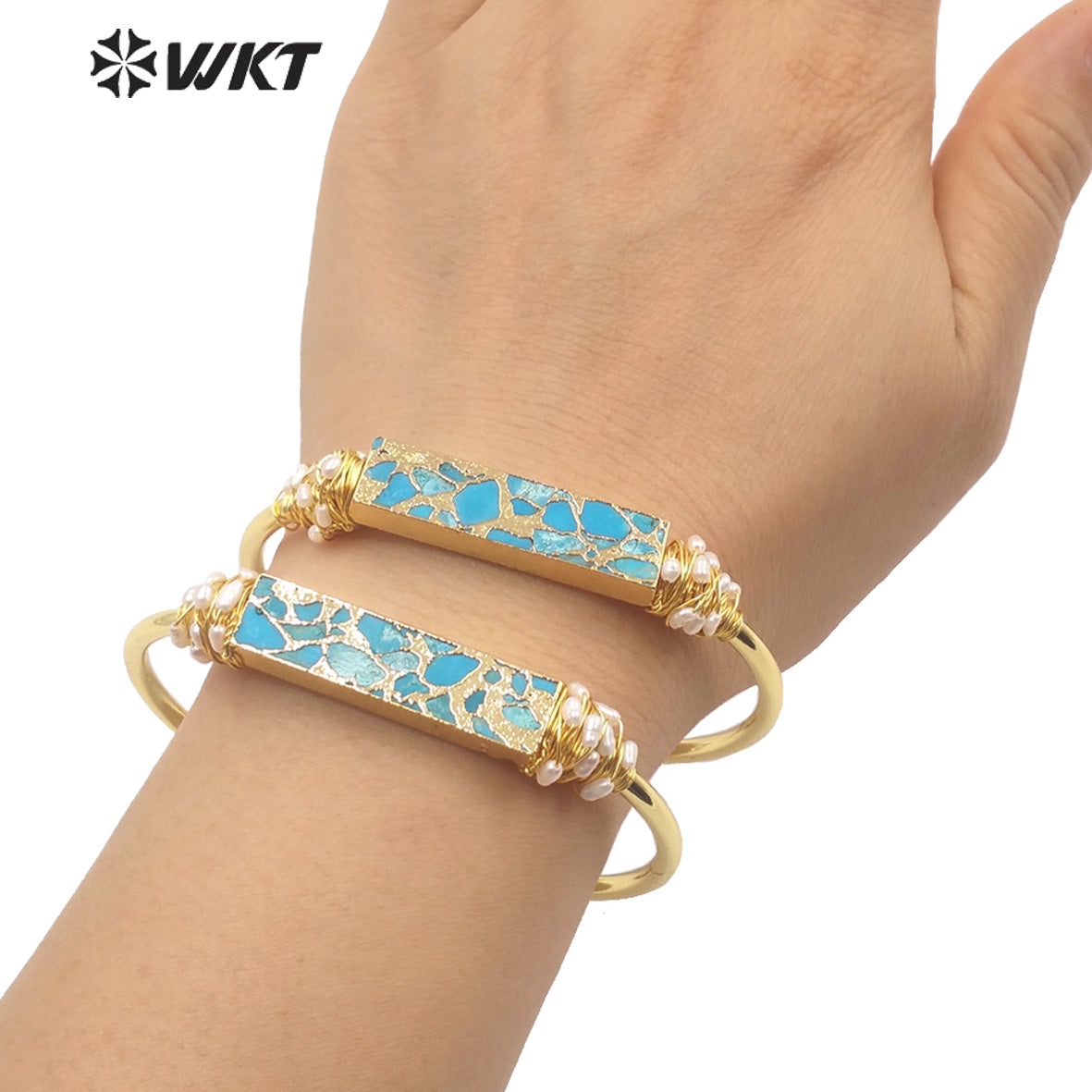 WT-B581 Wholesale Fashion Chic Lady Gorgeous Copper Turquoise Stone Bangle 18k Real Gold Plated Resist Tarnishable Wire Bangle