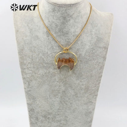 WT-N1267 WKT Amazing Design 18k Gold Plated Natural Yellow Citrine Quartz Crescent Horn Stone Necklace Precious Birthday Stone