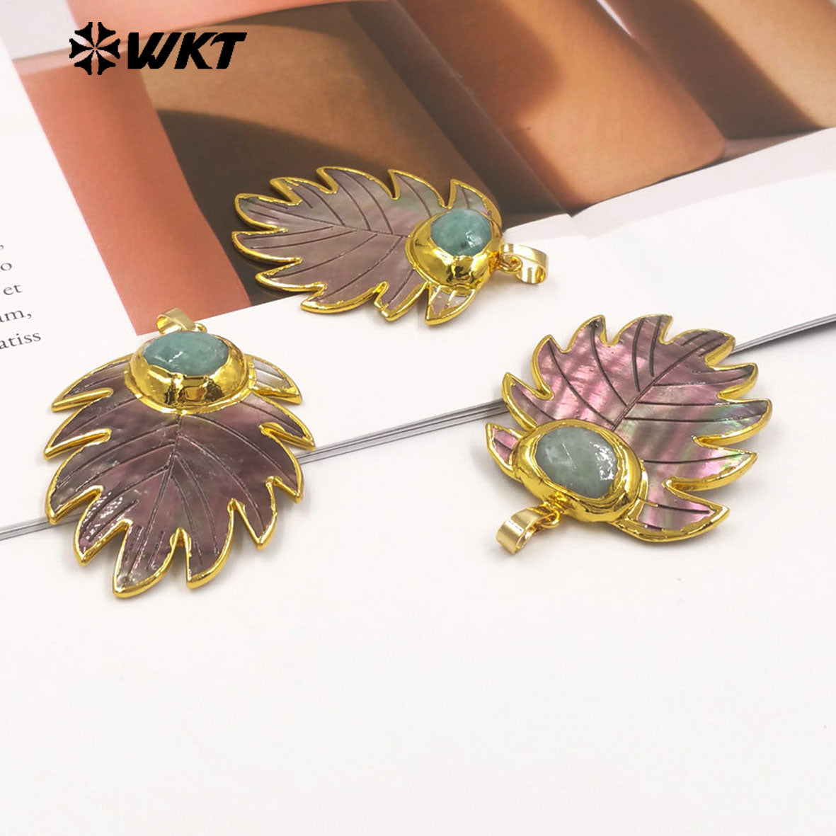 WT-JP472 High Quality Unique Gold Plated Natural Shell And Amazonite Stone Leaves Shape Pendant For Women Jewelry Decoration