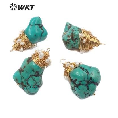 WT-P1444 Natural Stone Necklaces Pendant With Copper Wire Charm White Beads Embellishment Green Pendant Turquoise Pendant