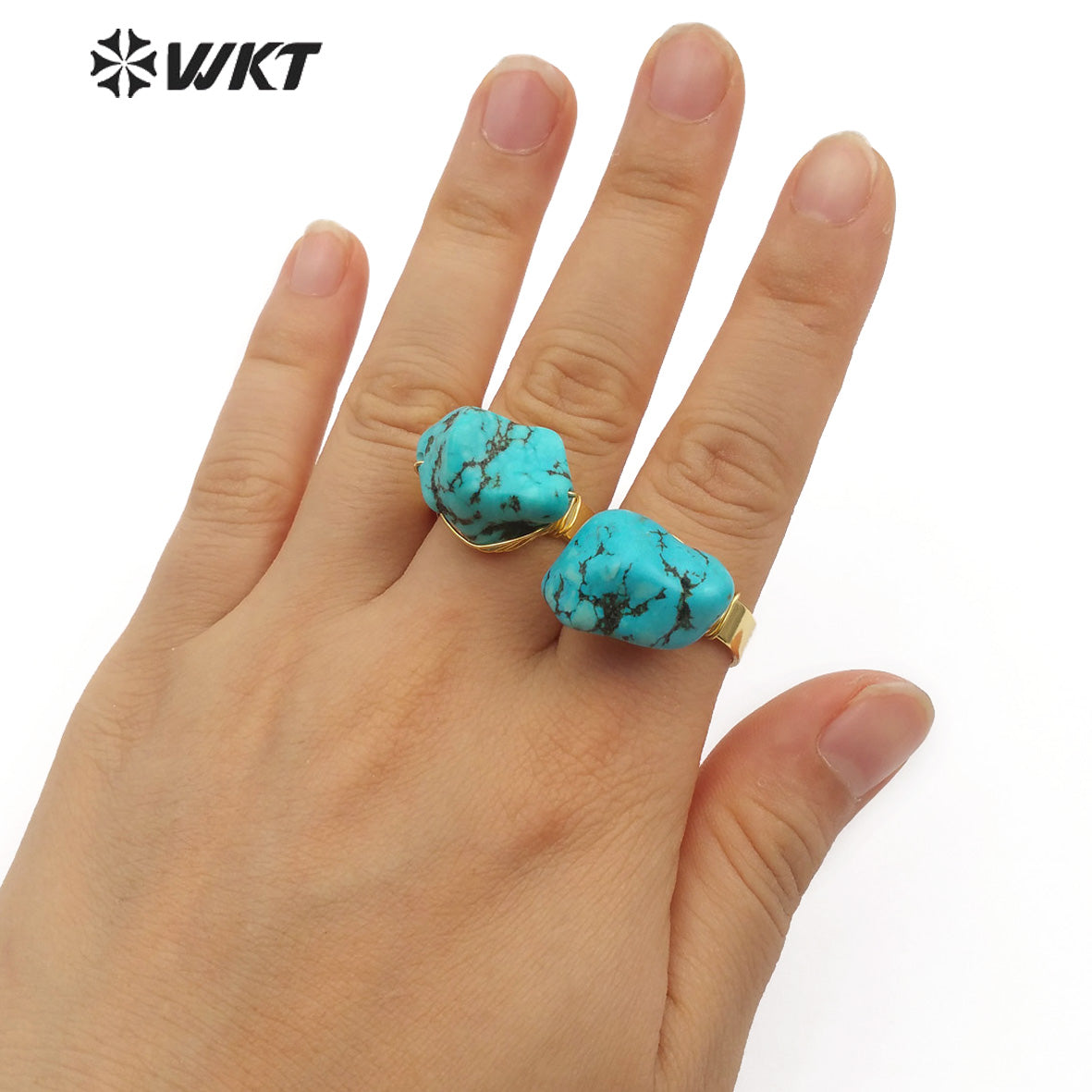 WT-R343 Wholesale Chunky Turquoise Ring Natural Turquoise Ring With Gold Electroplated Adjustable Size Women Elegant Charm Ring