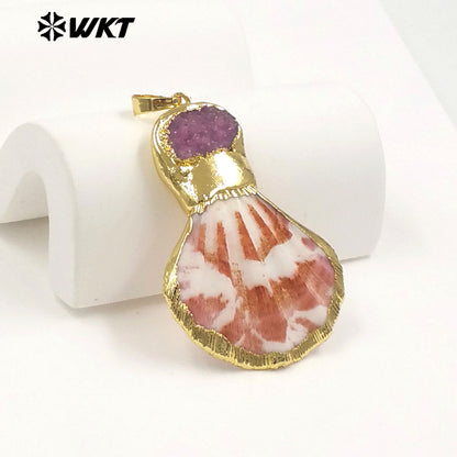 WT-JP507 New Arrival Gold Electroplated Natural Scallop Shell And Druzy Quartz Stone Splicing Pendant For Unique Jewelry DIY