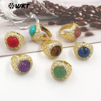 WT-MR027 Bling Series Big Unisex Cocktail Gemstone Setting With 18K Real Gold Plated Round Stone Rings in Open Size
