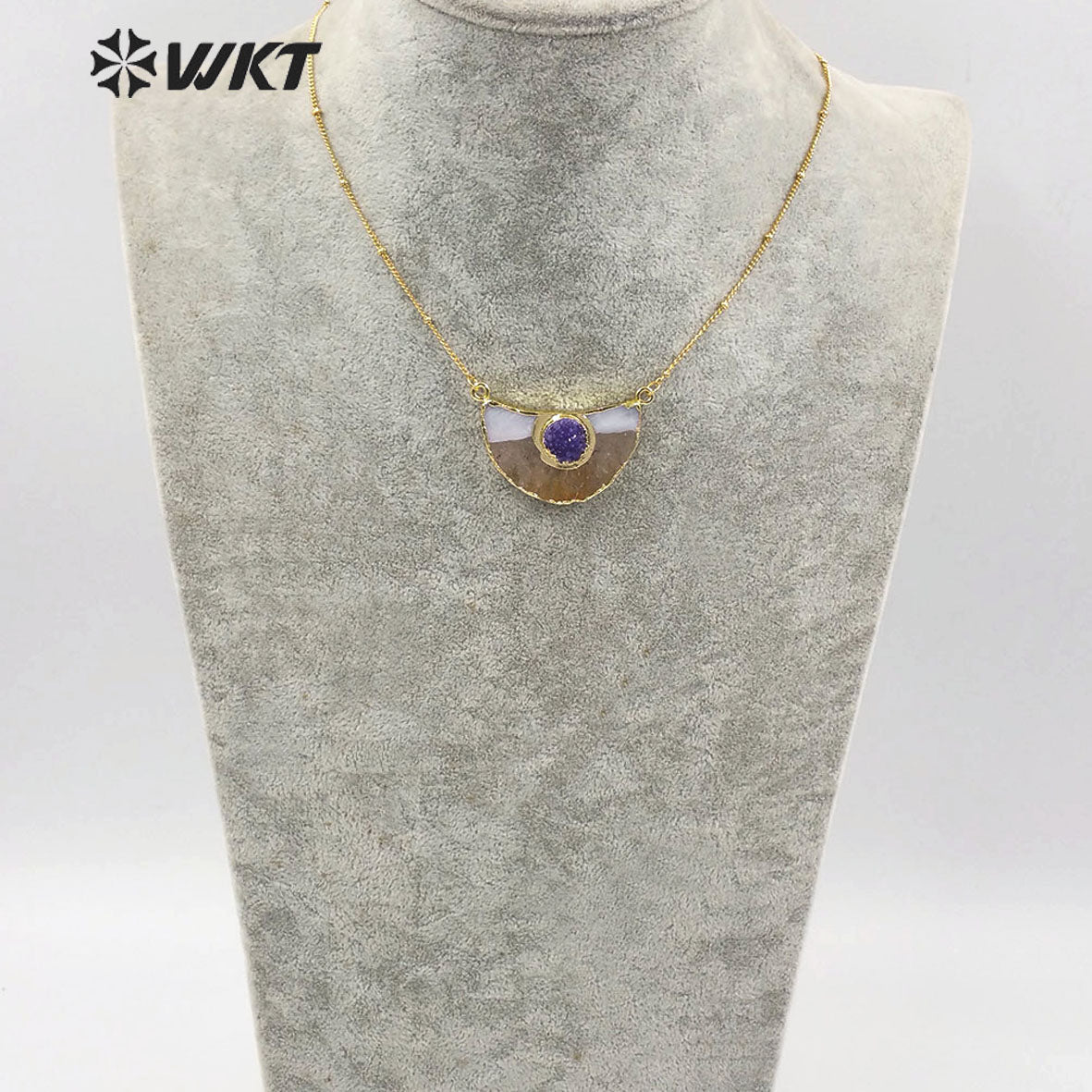 WT-N1210 Newest Natural Yellow Citrine Quartz Necklace With Round Druzy Quartz Charm Fashion Charm Jewelry Yellow Stone Necklace