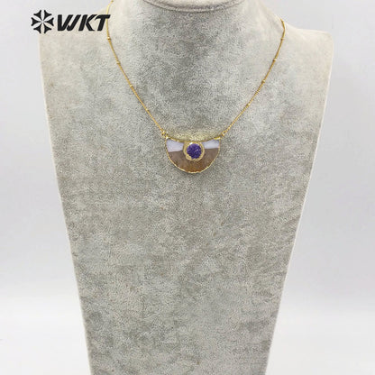 WT-N1210 Newest Natural Yellow Citrine Quartz Necklace With Round Druzy Quartz Charm Fashion Charm Jewelry Yellow Stone Necklace