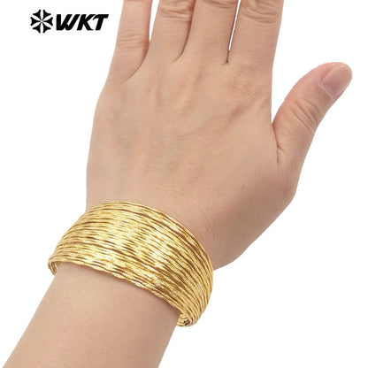 WT-B677 Wholesale Popular Simple 18K Gold Plated Natural Brass Fine Lines Wide Adjustable Bracelet for Urban Women Daily Match