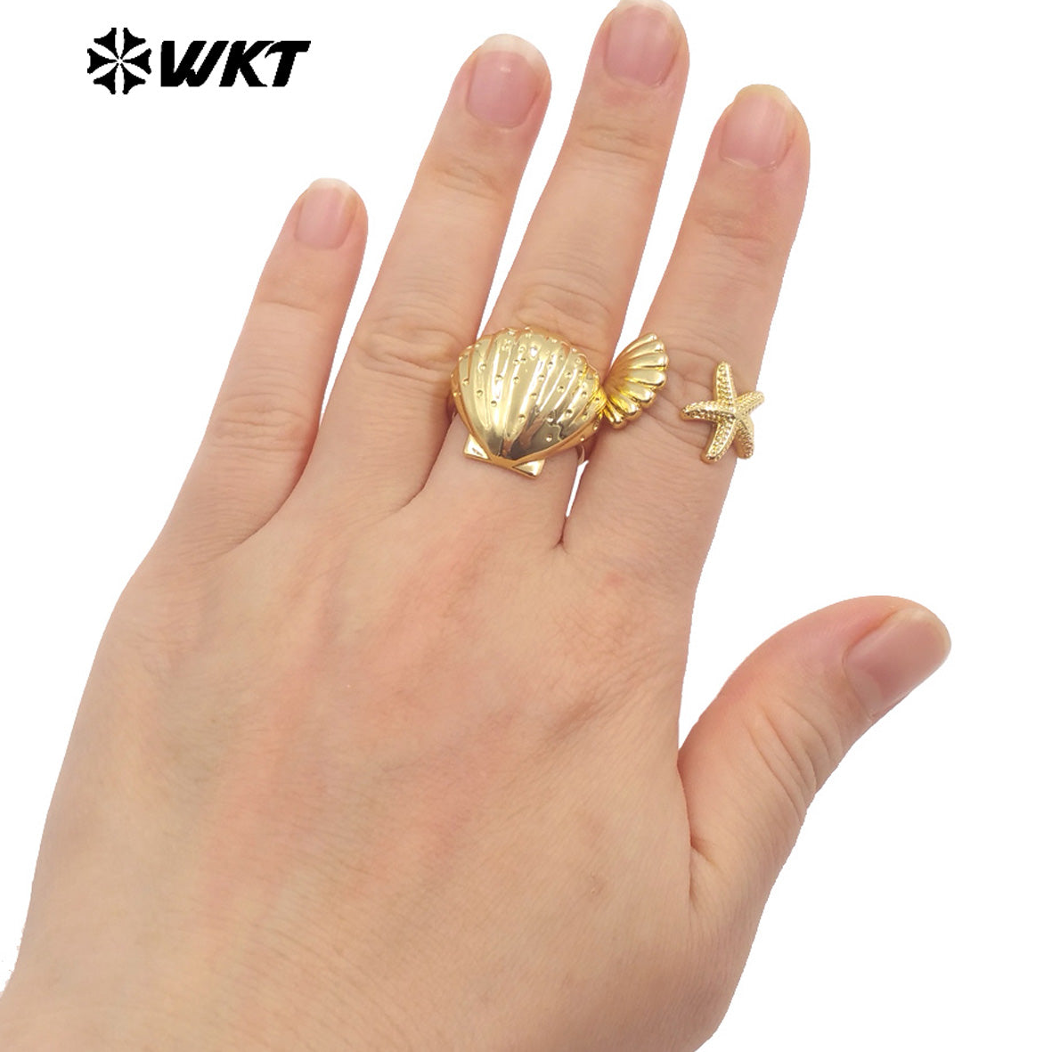 WT-R554 Sea Creative Personality 18K Gold Plated Adjustable Starfish Shell Shape Summer Ring for Hot Girls As Daily Decoration