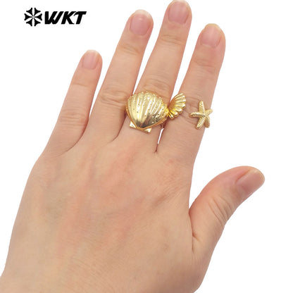 WT-R554 Sea Creative Personality 18K Gold Plated Adjustable Starfish Shell Shape Summer Ring for Hot Girls As Daily Decoration