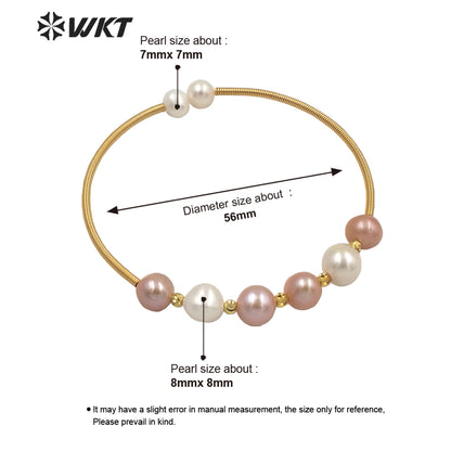 WT-MPB032 High Populared Gold Wire Wrapped Natural Round Freshwater Pearl Bangle Fashion Tiny Elegant Pearl Beads Bangle