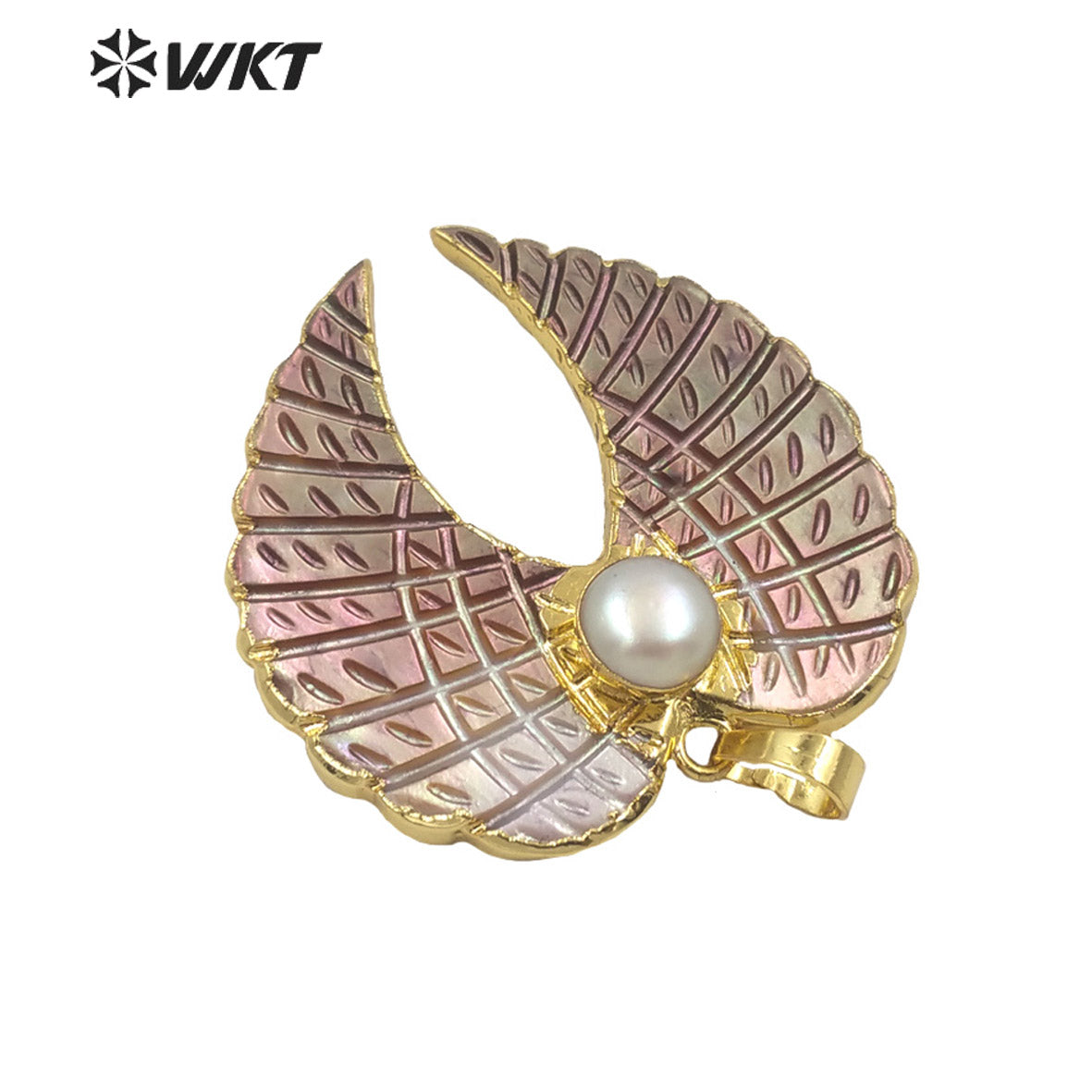 WT-JP261 WKT Newest Fashion Natural Grey Shell Feather Pendant Popular Hot Gold MOP Shell Jewelry Shell Pendant with Pearl