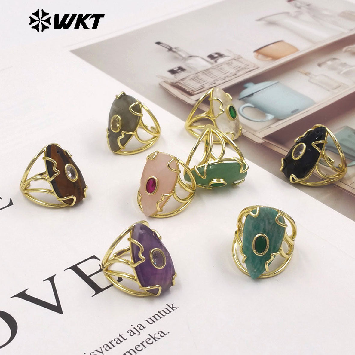 WT-R613 Wonderful Gold Plated Round Zircon And Various Natural Gemstones Waterdrop Shape Rings For Women Dance Party Matching