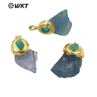 WT-P1654 Wholesale Gold Aqua rainbow Fluorite Stone Pendant With Turquoise Charm Vintage Boho Raw Stone Blue Fluorite Pendant