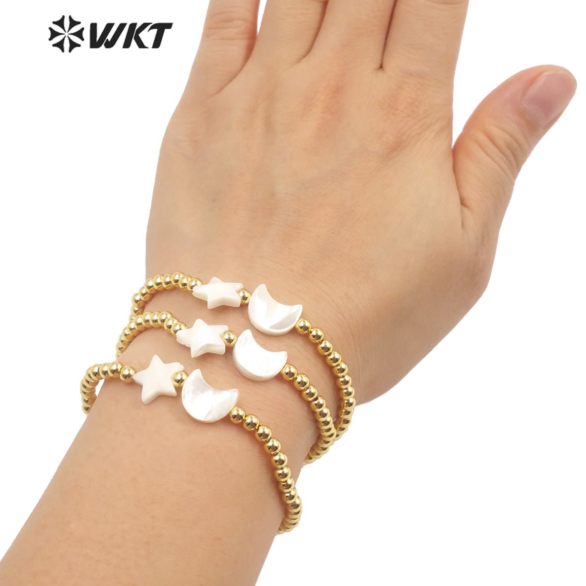 WT-MPB059 Leisure Style Gold 4mm Round Beads Moon Star Bracelet Fashion Lady Charming Shell Handmade Brass Flexible Bracelets