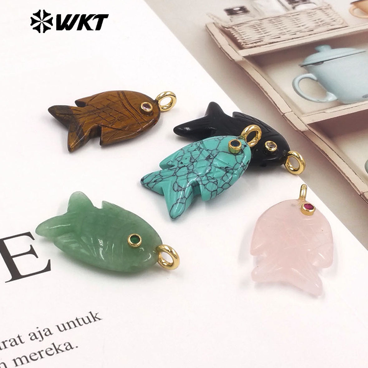 WT-P2137 Hot Sale Multi Natural Gemstones Setting In Zircon Gold Fish Shape Pendants As Women Fashion Necklace Accessories