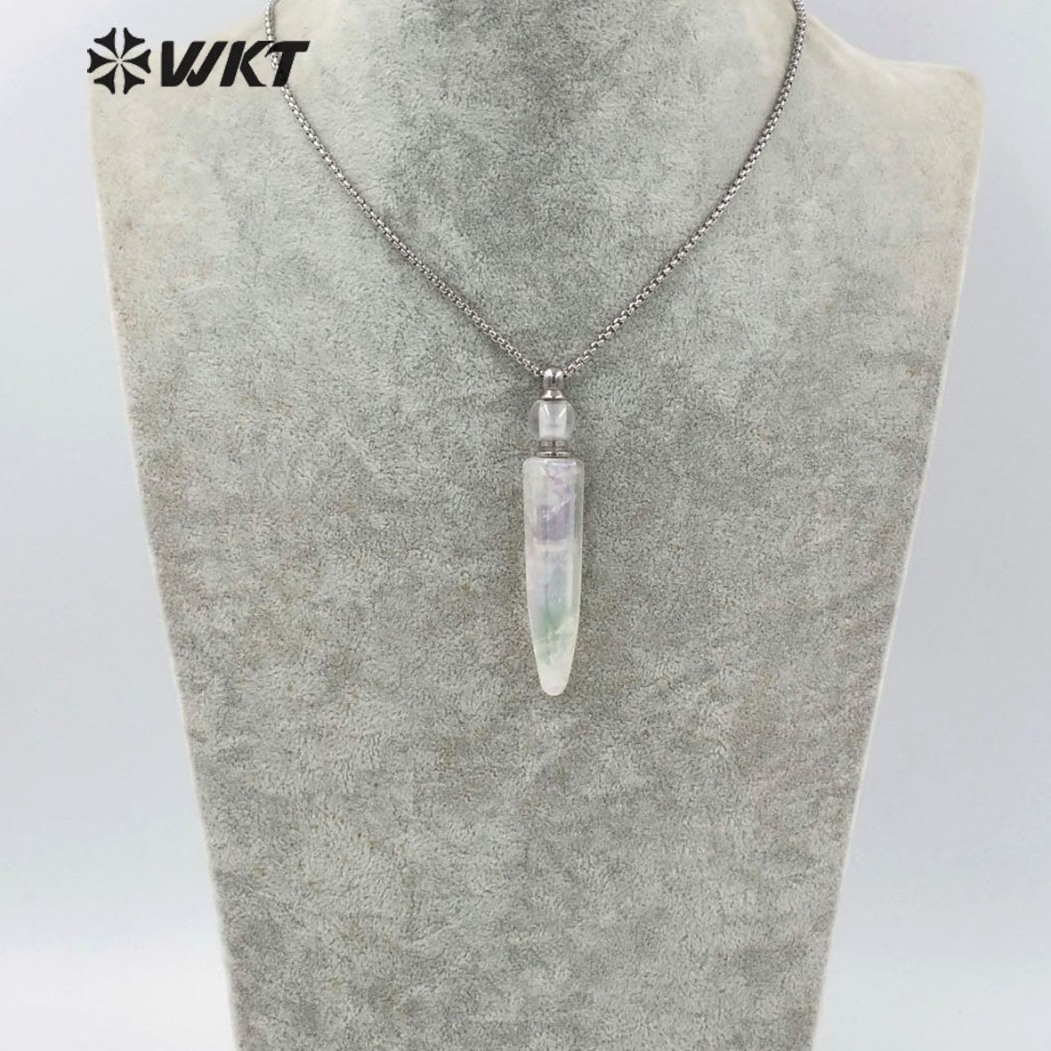 WT-N1259 Steel Amazing Natural Aura Crystal Quartz Point Perfume Bottle Necklace Unisex Aura Spirit Quartz Stone Perfume Bottle