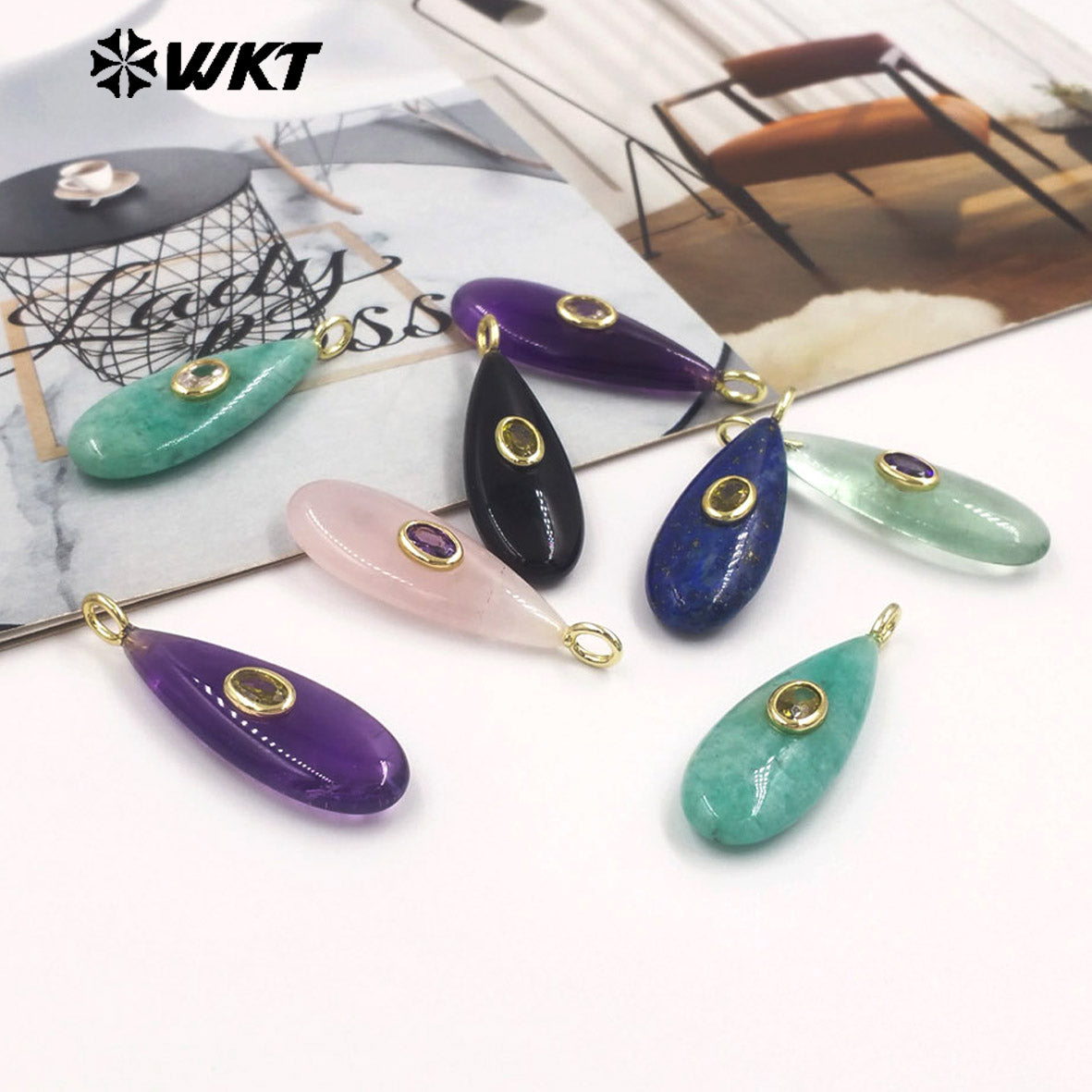 WT-P2065 Good Quality Gold Plated Zircon And Multi Natural Gemstones Waterdrop Shape Pendants For Fashion Women Earrings Making