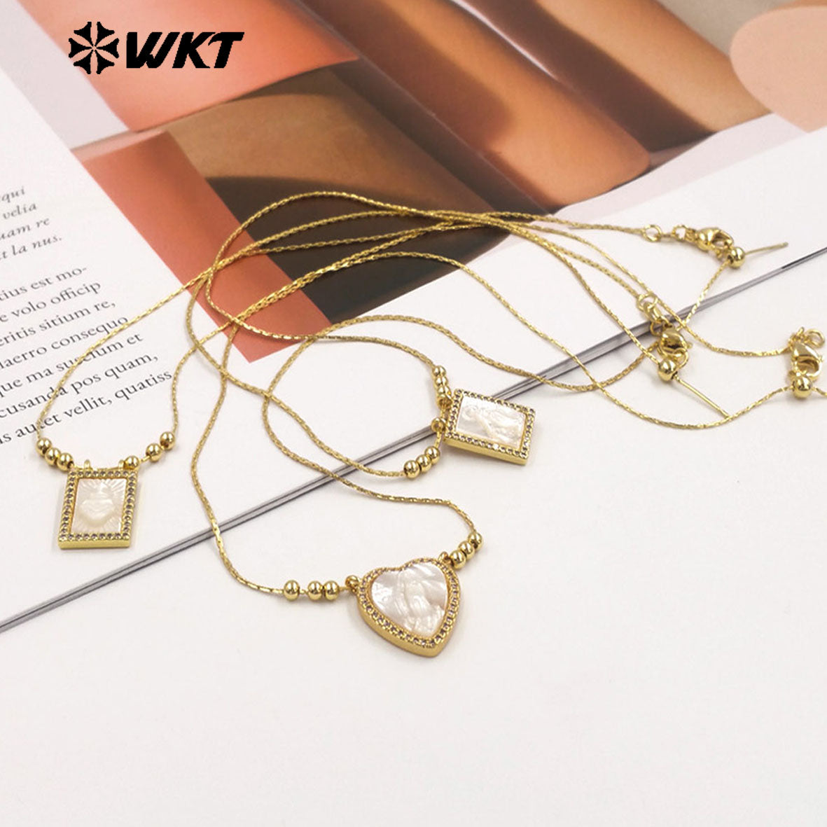 WT-JN389 Trending Religious Style 18K Gold Plated Oval And Square White Shell Pendant Necklace For Women Daily Wearing