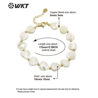 WT-MPB063 Unique Bohemian Vintage White Shell Made Heart Bracelet with Clasp Gold Strand Beads Heart Jewelry Women Bracelets