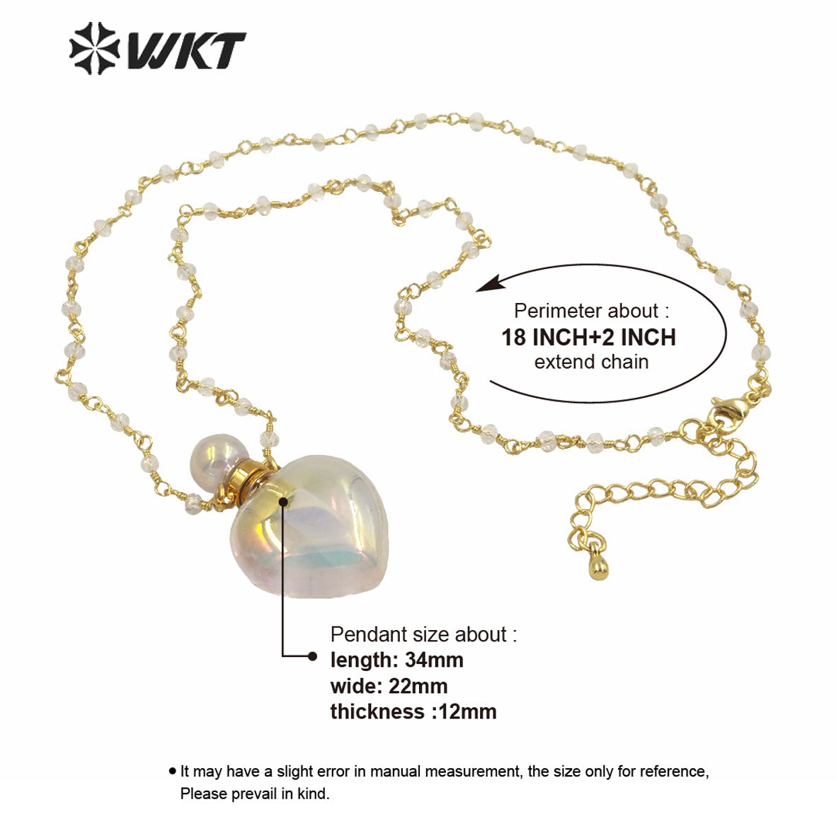 WT-N1237 WKT Amazing Aura Gold Electroplated Crystal Quartz Heart Shape Perfume Bottle Necklace Aura Stone Crystal Necklace
