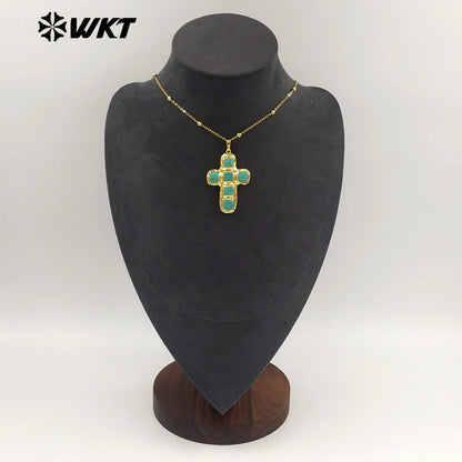 WT-N1523 Wholesale 18K Gold Electroplated Natural Turquoise Stone Cross Pendant Necklaces For Women Vintage Style Jewelry