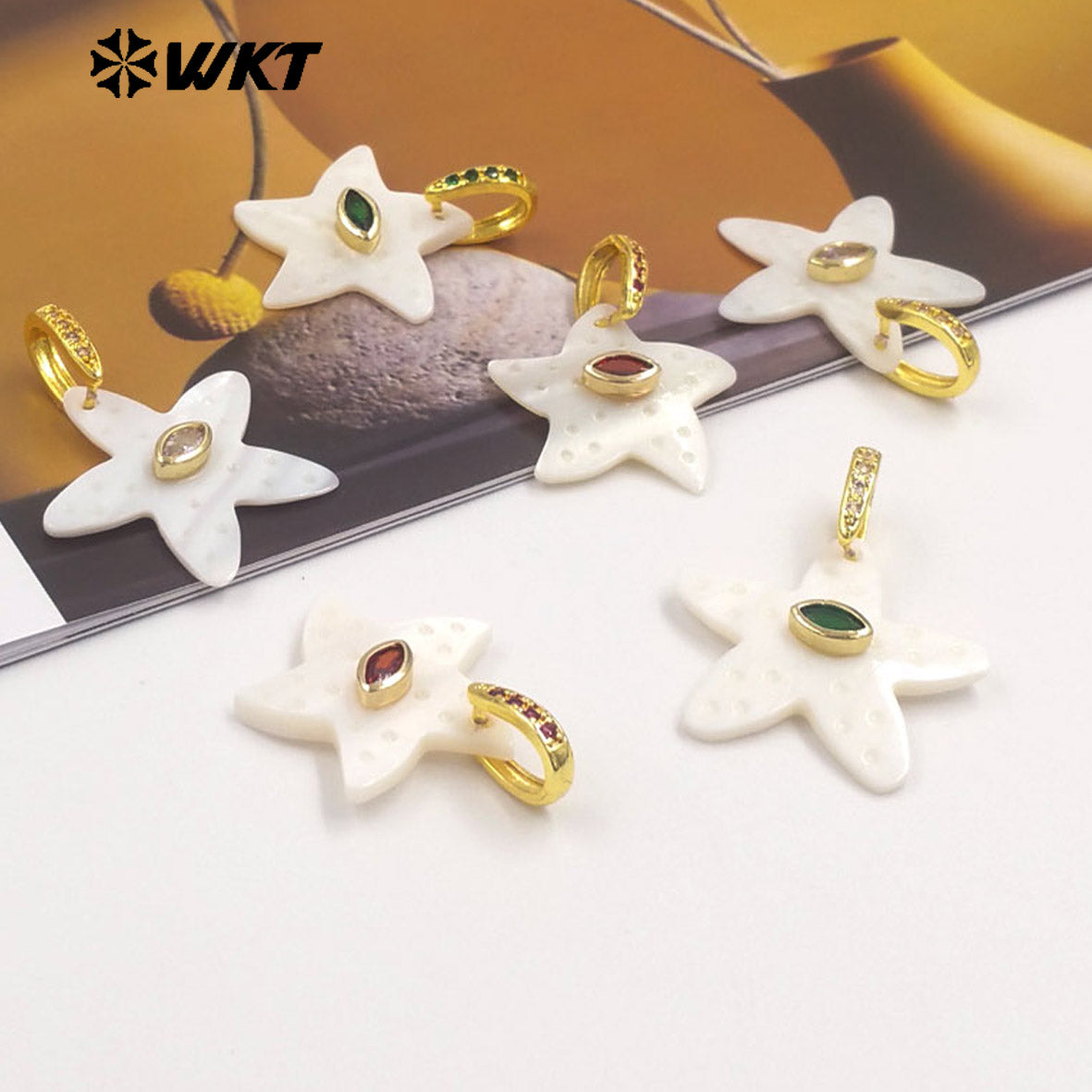 WT-JP480 Trendy Simple Style Gold Plated Zircon And White Shell Starfish Shape Little Pendants For Women Earrings Design